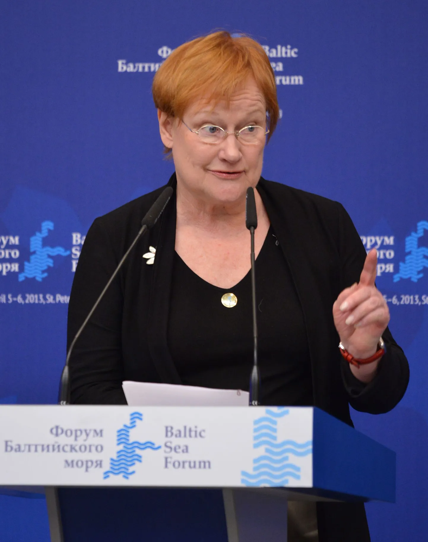 ITAR-TASS: ST PETERSBURG, RUSSIA. APRIL 5, 2013. Finland's former president Tarja Halonen addresses a conference of the leaders of Baltic Sea nations at the 2013 Baltic Sea Forum. (Photo ITAR-TASS/ Yuri Belinsky)