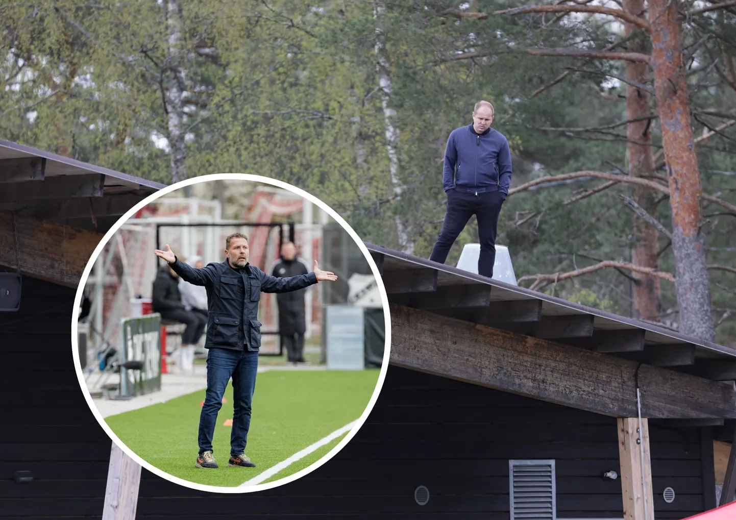 Levadia peatreener Curro Torres (vasakul) ning Nõmme Kalju peatreener Nikita Andrejev vaatasid kohtumist erinevatest kohtadest.