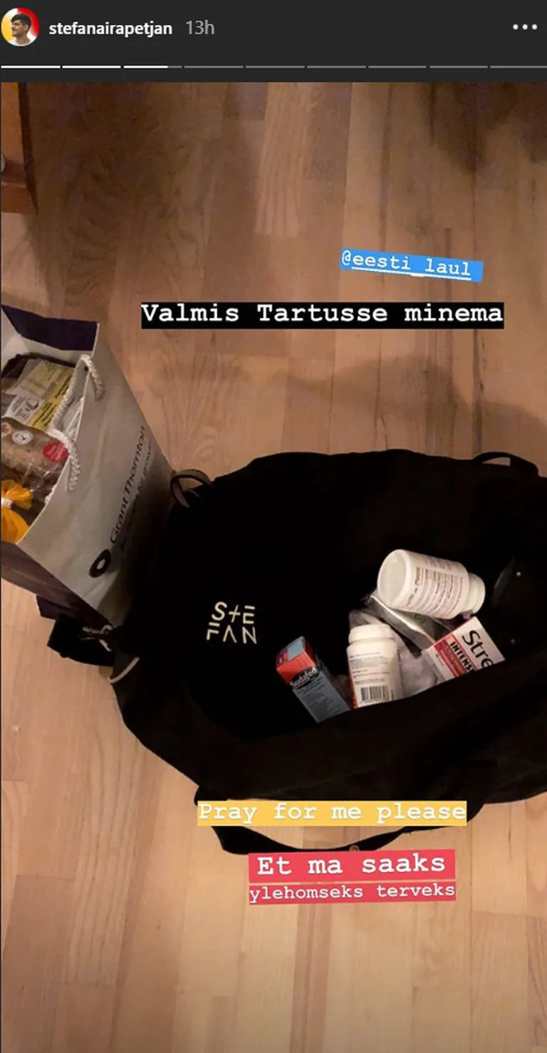 Stefan jagas sotsiaalmeedias pilti ravimeid täis kotist, mis ta Tartusse poolfinaaliks on kaasa võtnud. Kotis on näha külmetusvastaseid ravimeid, näiteks Sudafedi ning Strepsilsi imemistablette.