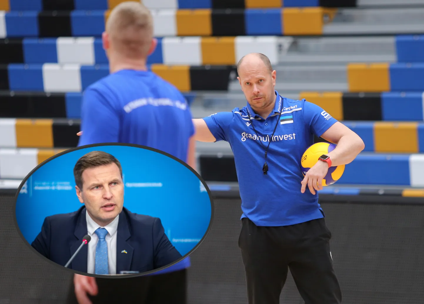 Võrkpalliliidu president Hanno Pevkur ja meeste koondise uus peatreener Alar Rikberg.