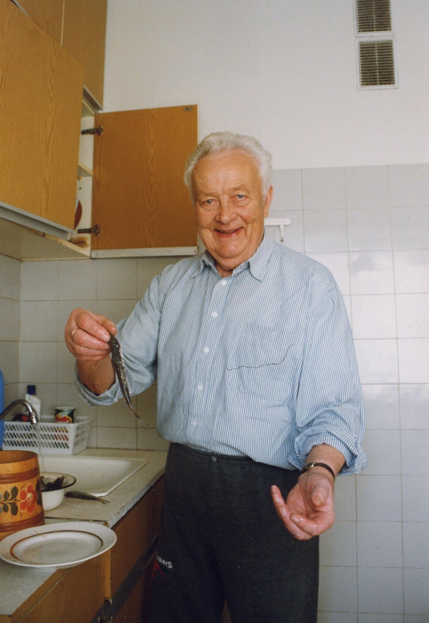 Juhan Peegel Annelinnas oma korteris silku soolamas. Foto aastast 1999.