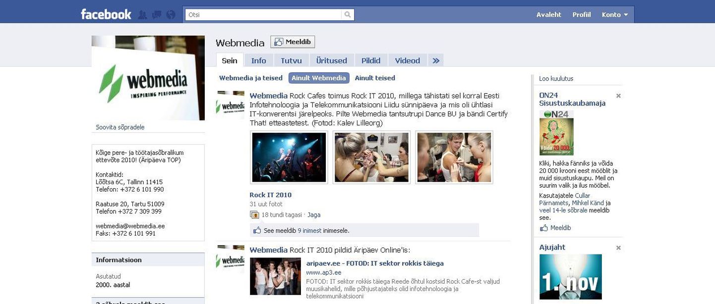 Webmedia Facebooki leht.