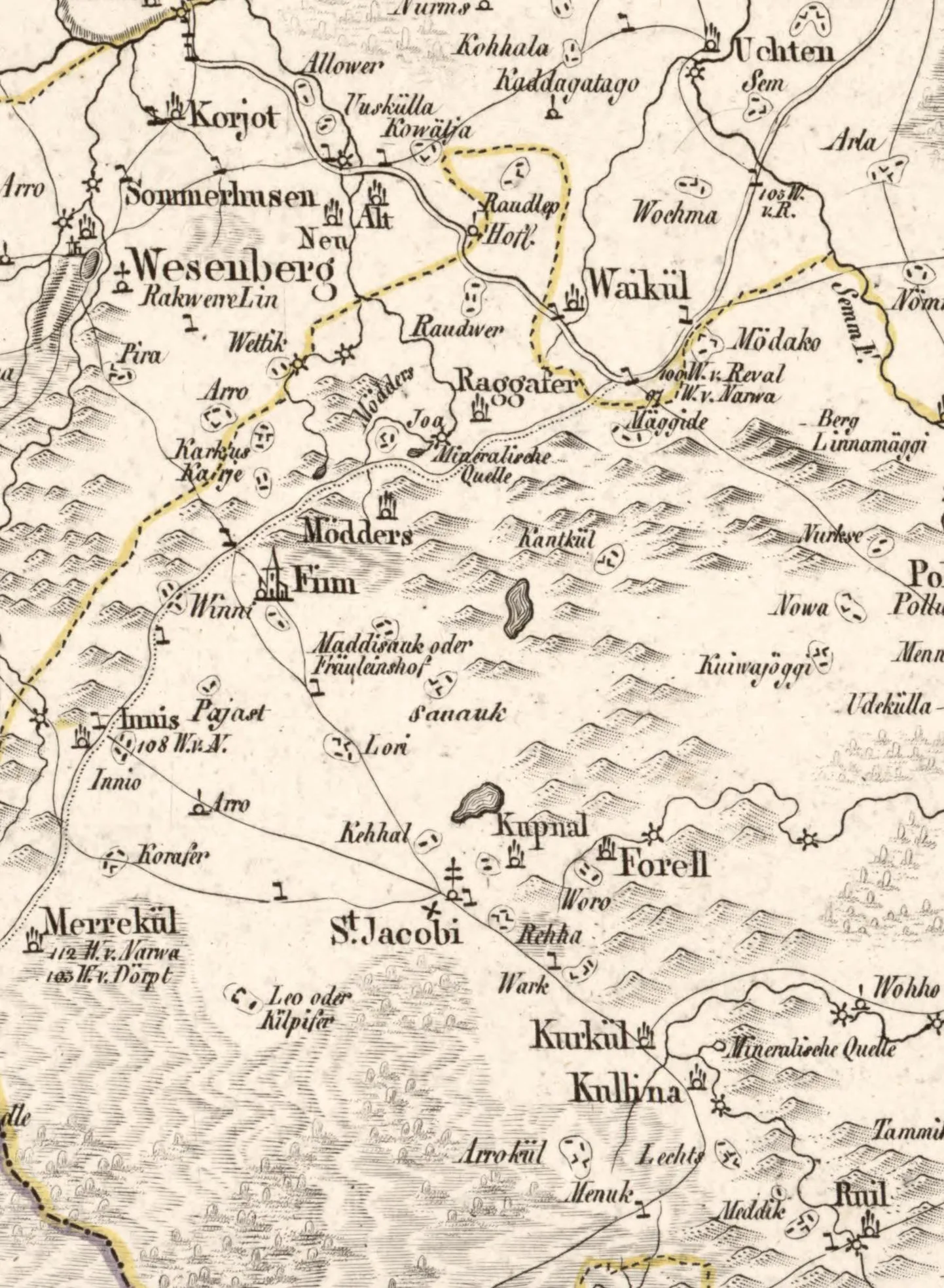 Väljavõte krahv Ludwig August Mellini 1789. aastal avaldatud atlase Virumaa kaardilehelt, kus on kujutatud pea kõik artiklis nimetatud paigad. (Semm F! – Kunda jõgi, Finn – Vinni mõis, Pajast – Pajusti, Innis – Inju, Ruil – Roela).