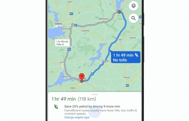 Nii näeb välja ökonoomsema marsruudi soovitus Google Mapsi navigeerimisekraanil.