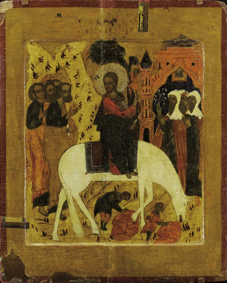 Saabumine Jeruusalemma. 17. sajandi lõpp. Põhja-Venemaa (Vologda provints). Puutahvel, krunt, tempera