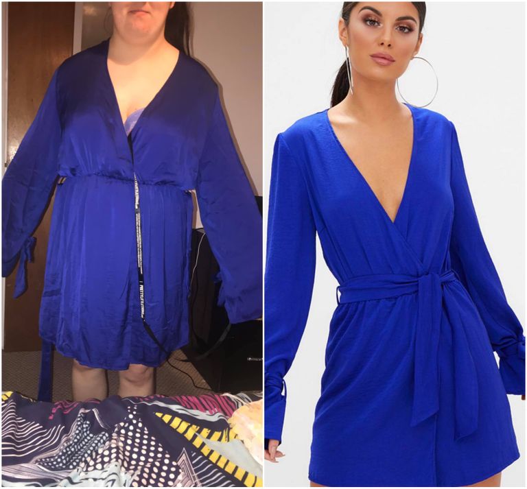 Vasakul: sinine kleit Rhiannon Dishmani seljas. Paremal: kleit veebipoe modelli seljas.