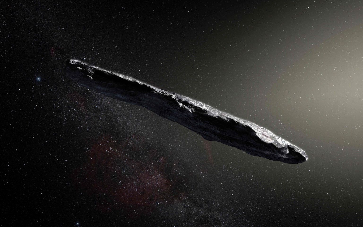 Euroopa Lõunaobservatooriumi kunstniku kujutis esimesest Päikesesüsteemi-välisest asteroidist Oumuamua.