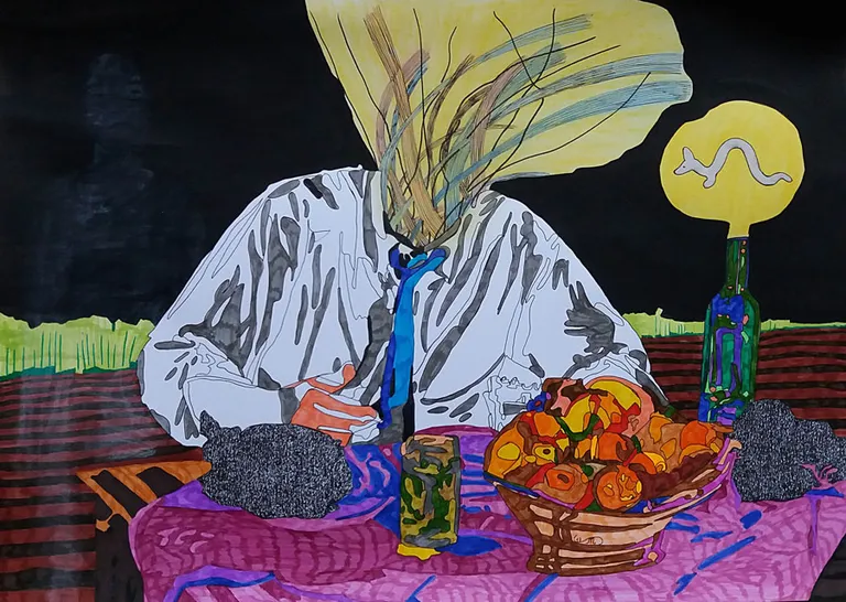 Maria Sidljarevitš. The soul of all natural things. 2017. õli, viltpliiats, tint, kollaaž, paber (oil, felt tip pen, ink, collage, paper) 50 x 70 cm.