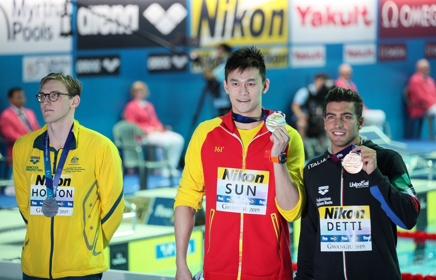 400 m vabaltujumise MM esikolmik. Vasakult Mack Horton, Sun Yang ja Gabriele Detti.