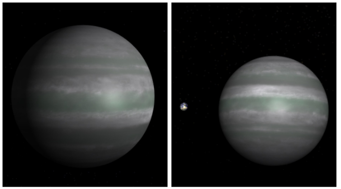 Kuvatõmmised NASA animatsioonilt. Vasakul illustratsioon eksoplaneedist XO-4 b, mis nüüdsest kannab nime Hämarik. Paremal sama eksoplaneet võrdluses Maaga.