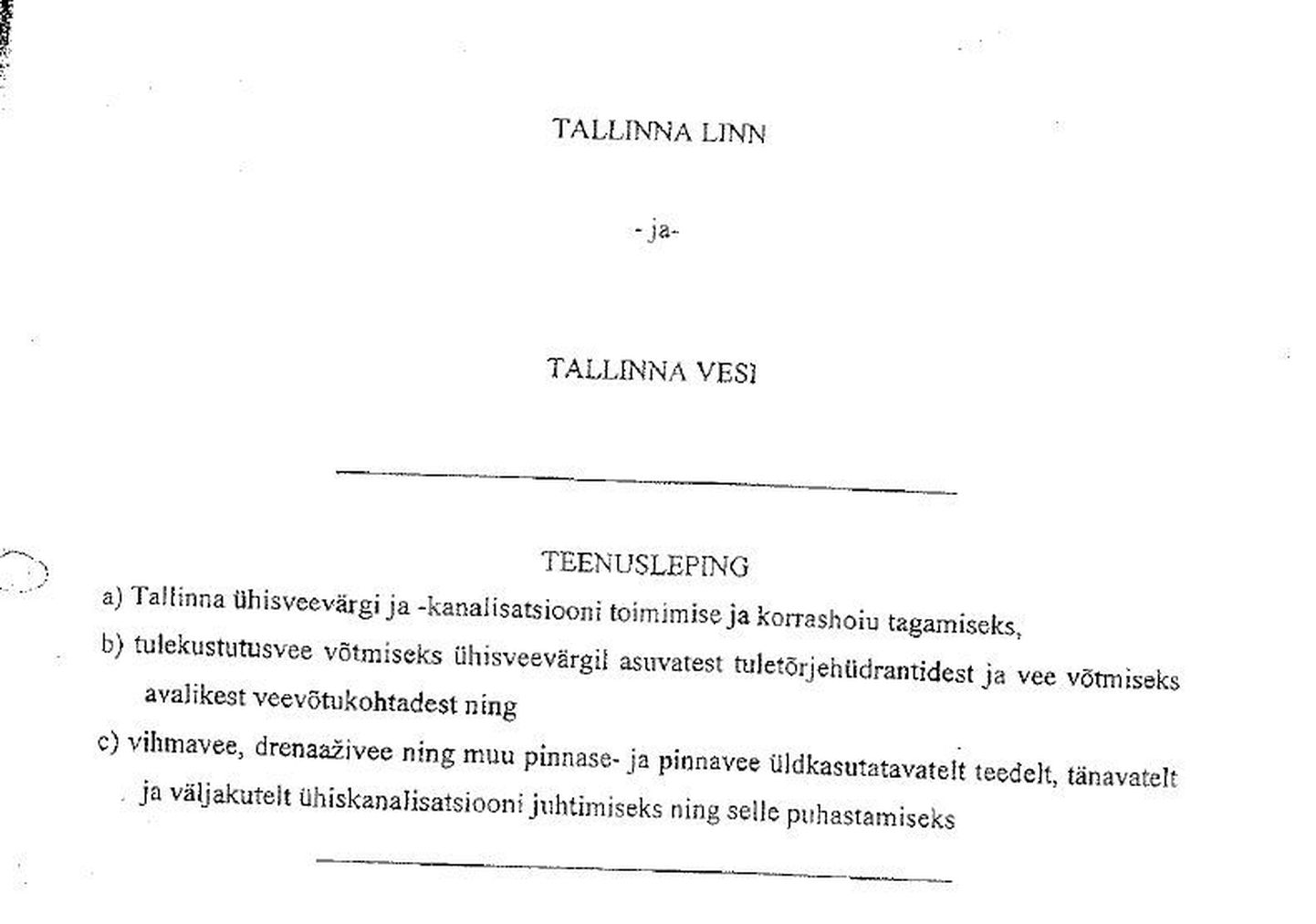 Fragment Eesti omanike keskliidu kodulehel avaldatud lepingust Tallinna linna ja Tallinna Vee vahel.