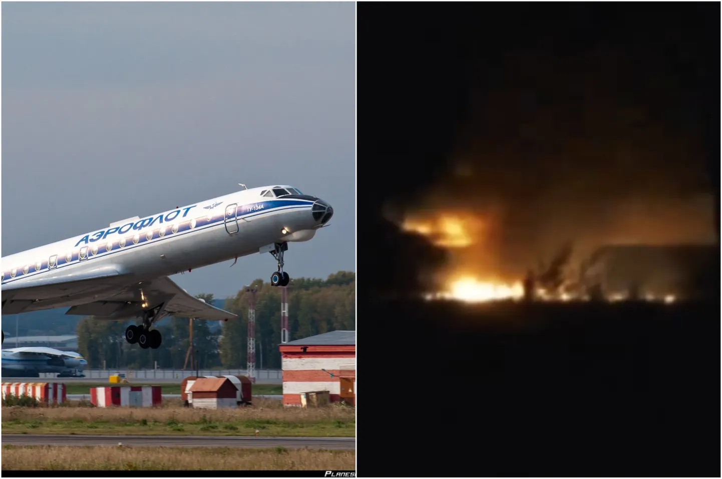 Ту-134 и кадры пожара на аэродроме "Оренбург-2". Коллаж