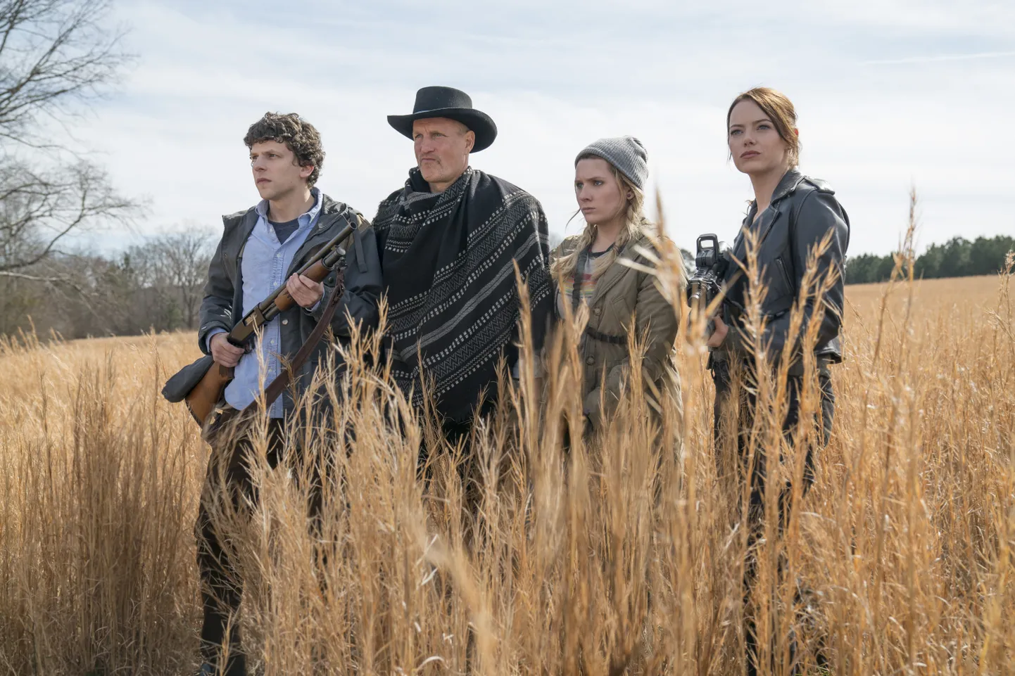 Columbus (Jesse Eisenberg), Tallahassee (Woody Harrelson), Little Rock (Abigail Breslin) and Wichita (Emma Stone) in Columbia Pictures' ZOMBIELAND 2: DOUBLE TAP.