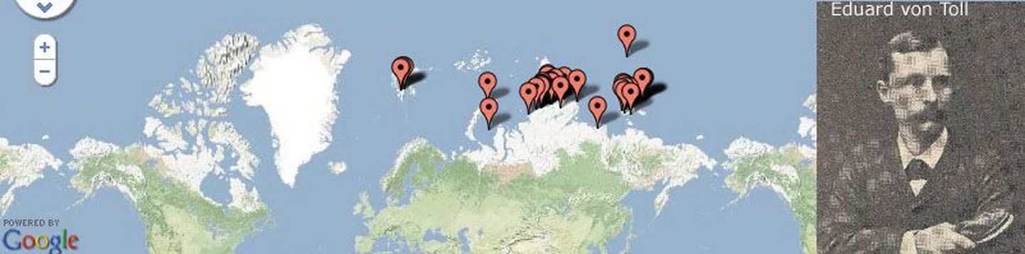 Maailmakaardilt leiab kohti, mis seotud Eesti teadlastega. Pildil Eduard von Tolliga seotud paigad.