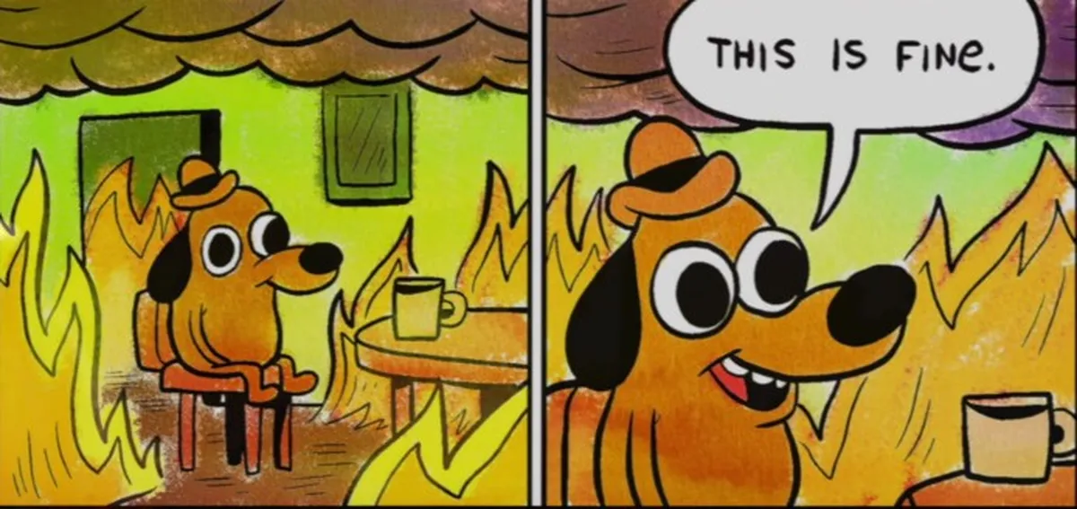 This is fine ("Все хорошо") - двухпанельный комикс про собаку в шляпе, которая сидит в комнате, объятой огнем, и пытается убедить себя в том, что "все хорошо"