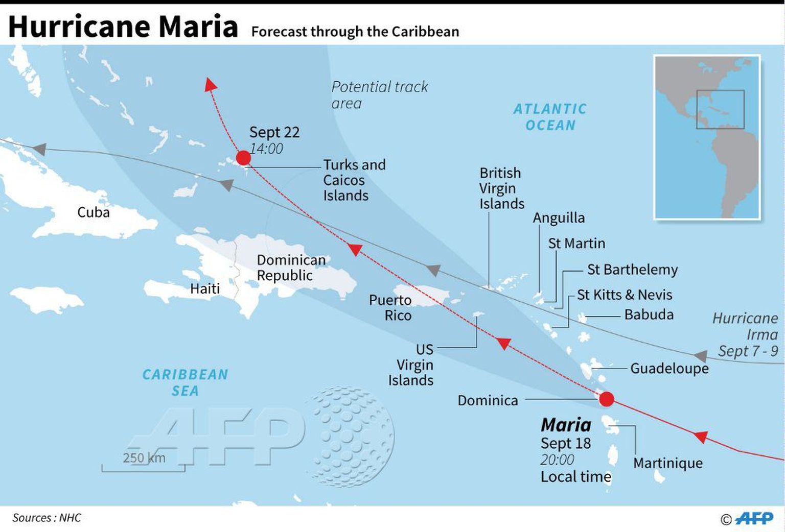 Orkaan Maria liikumistrajektoor kattub paljuski Kariibi mere saari räsinud Irma omaga.