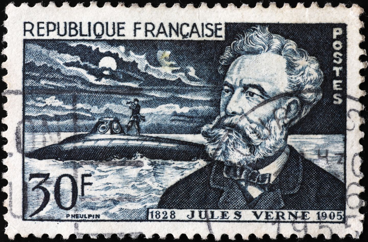 Postmark, millel on kujutatud kirjanik Jules Verne'i.