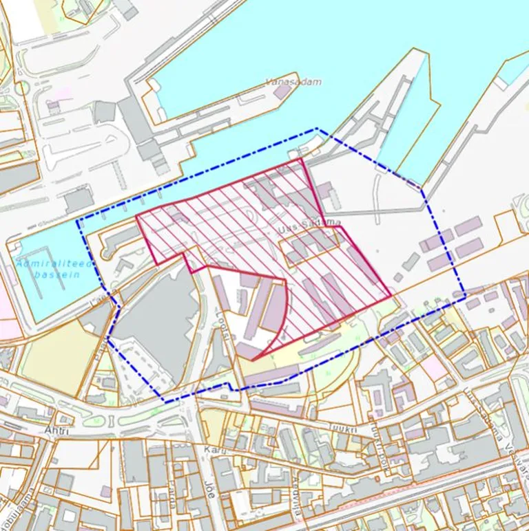 Punasega on tähistatud planeeringuala, sinisega planeeritava maa-ala kontaktvööndi piir.