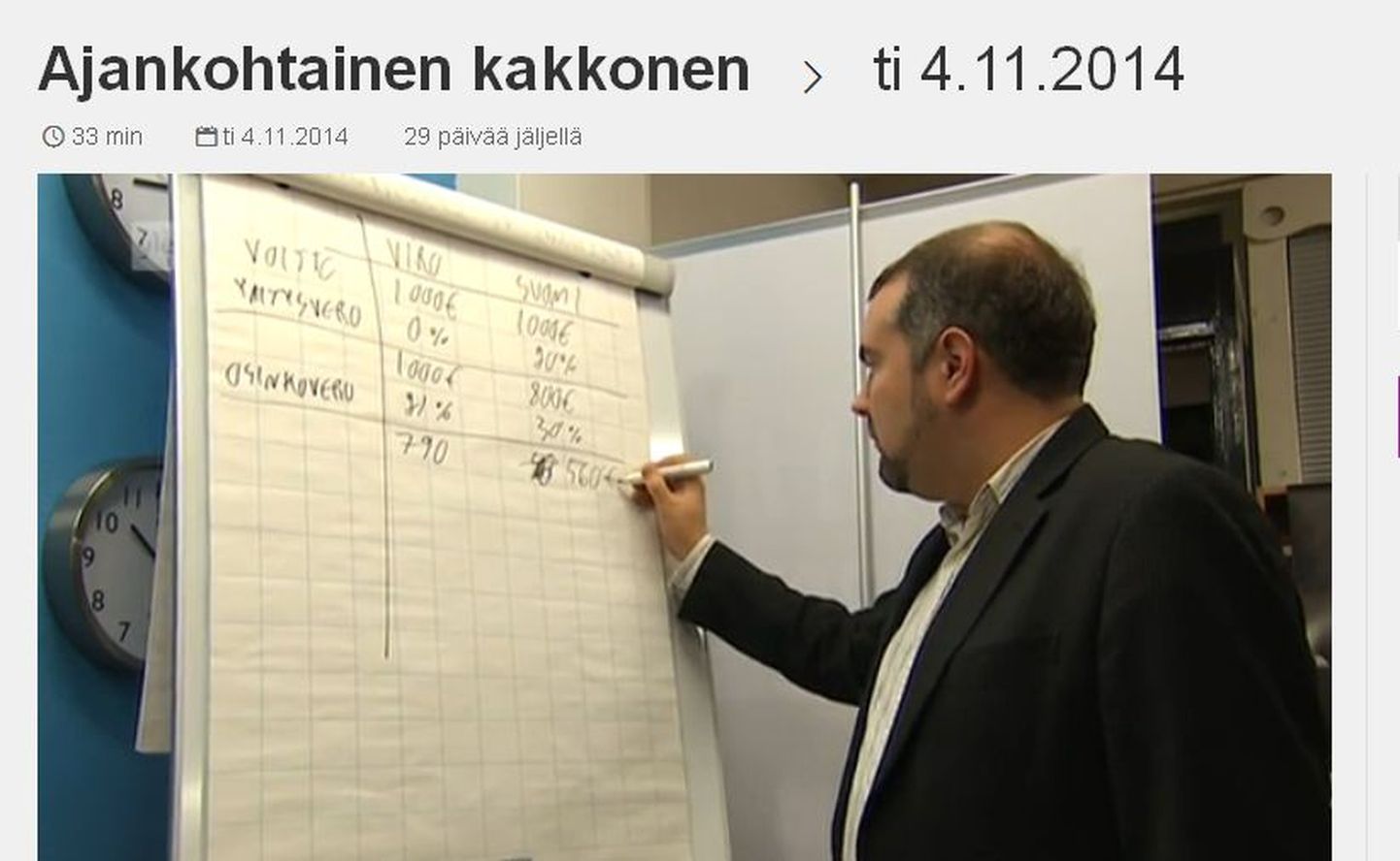 Ekraanipilt Soome TV vestlussaatest «Ajankohtainen Kakkonen». Juha Ketola tõestab tahvlil, miks ettevõtja elu on eestis parem kui Soomes.