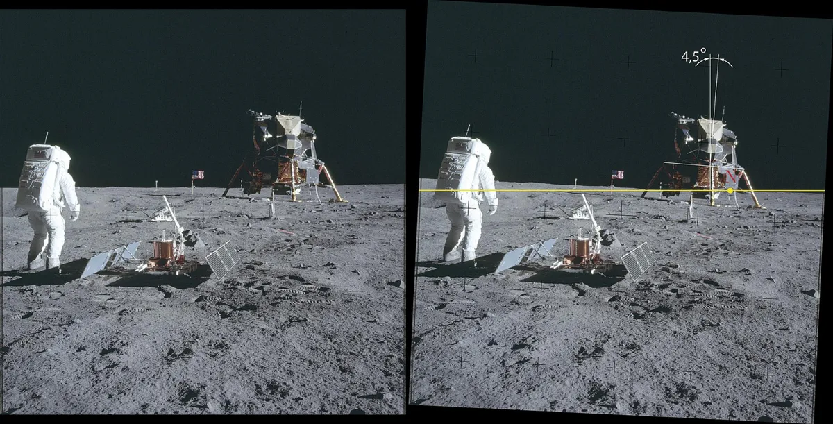 NASA fotol AS11-40-5948 (vasakul) paistab missioonil Apollo 11 Kuule laskunud mooduli alune pind horisontaalne. Parempoolsel pildil on sellel kollase joonega tähistatud tegelik horisont ja pilti on pööratud nii, et see joon oleks tõepoolest horisontaalne. Mooduli juures olev punkt N näitab põhjasuunda. Keeratud pildil on kuumooduli kalle itta hästi näha. Esiplaanil seisab Buzz Aldrin seismomeetri juures, kuumoodulist vasakul on lipp ja TV-kaamera.
