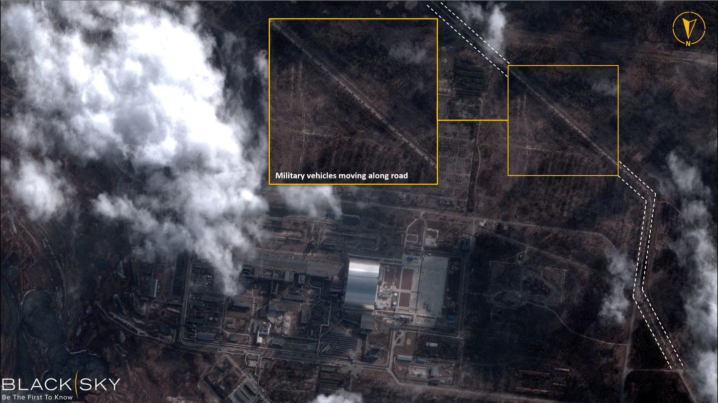 A satellite image with overlaid graphics shows military vehicles alongside Chernobyl Nuclear Power Plant, in Chernobyl, Ukraine on February 25, 2022.