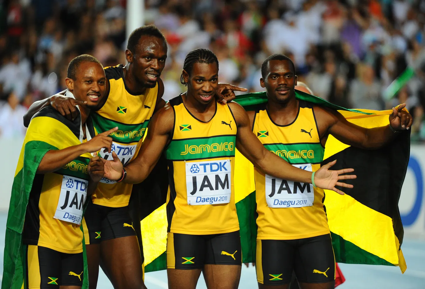 Jamaica teatenelik (vasakult paremale): Michael Frater, Usain Bolt, Yohan Blake ja Nesta Carter.