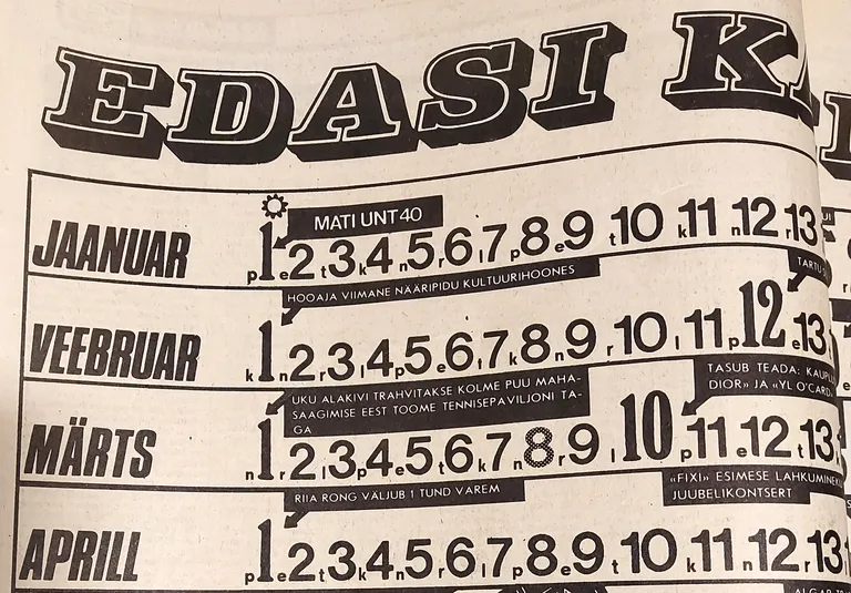 Ülemine vasakpoolne nurk Edasi naljakalendrist, mis ilmus 1. jaanuaril 1984.