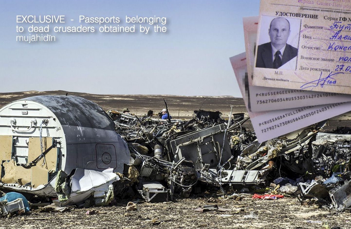 ISi ametlikus võrguväljaandes Dabiq avaldatud foto surma saanud reisijate passidest, mis leiti õnnetuspaigalt Siinai poolsaarel.