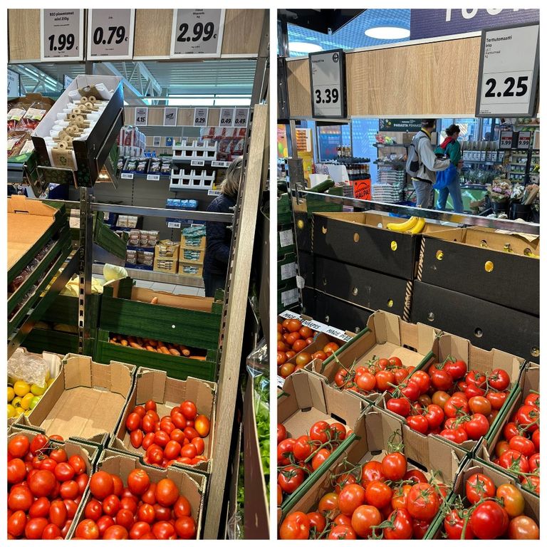 Томаты в таллиннском магазине (слева) и в Хельсинки (справа). Справедливости ради отметим, что в эстонской сети есть и томаты стоимость 2,19 евро за килограмм.