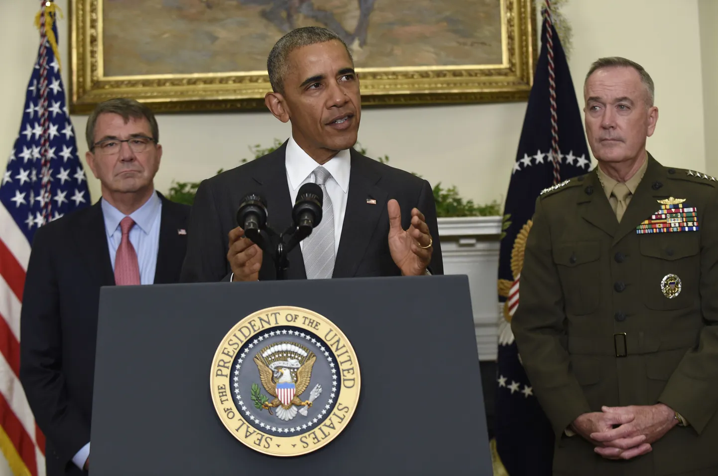 USA president Barack Obama, kaitseminister Ashton Carter (vasakul) ja Staabiülemate Ühendkomitee esimees kindral Joseph Dunford.