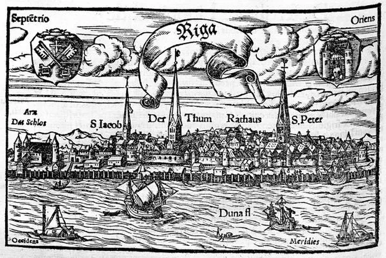 Rīgas panorāma pirms 1547. gada. Autors: Hanss Johans Hāzentēters (Hans Johann Hasentöter, ap 1517–ap 1586). Izdevējs: Arnolds Birkmans Ķelnē. (No izdevuma "Cosmographia", 1575.)