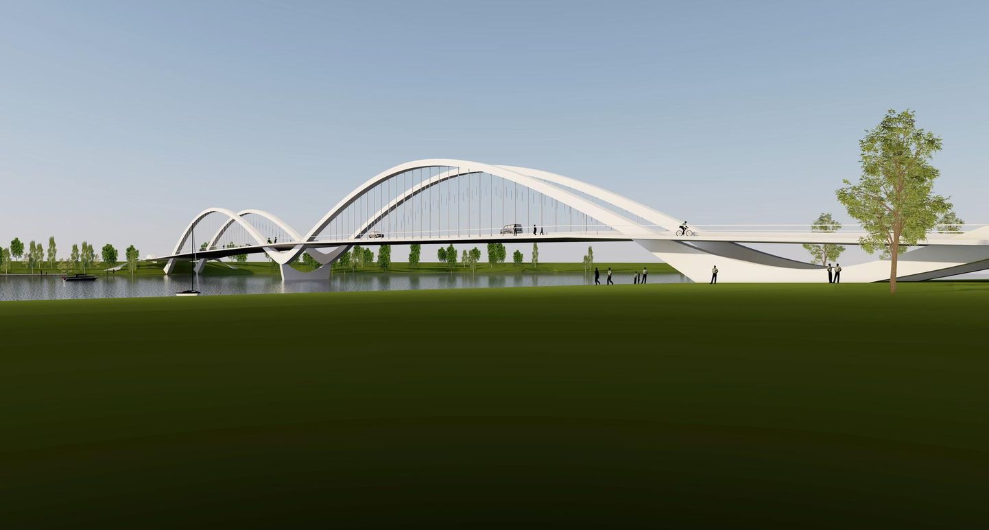 Pärnu kesklinna kavandatava uue autosilla arhitektuurivõistluse võidutöö “Luik” kujutab kahe kaarega rippsilda.