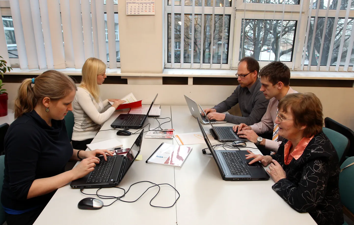 Online-intervjuule vastajad ja nende abilised (päripäeva): kommunikatsioonispetsialist Karin Volmer, klienditoe juhtivkonsultant Katrin Karu, andmetöötlussüsteemide osakonna juhataja Allan Randlepp, statistikaameti statistika süsteemide talituse juhataja Rain Haviko ja professor Ene-Margti Tiit.