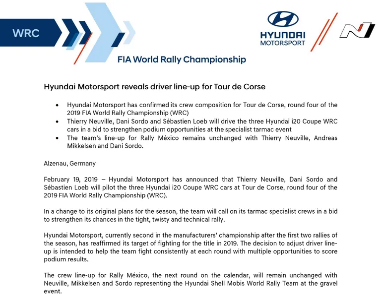 Hyundai pressiteade Mikkelseni tagandamise kohta.