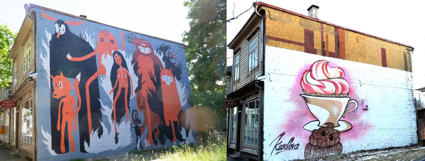 Enne ja nüüd. Eelmisel aastal lõi kunstnik Kärt Einasto Tähe 21 otsaseinale sürrealistlikke figuure kujutava uue seinamaalingu, kattes nii kohvitassi ja väljaheitehunniku sobimatu koosluse.