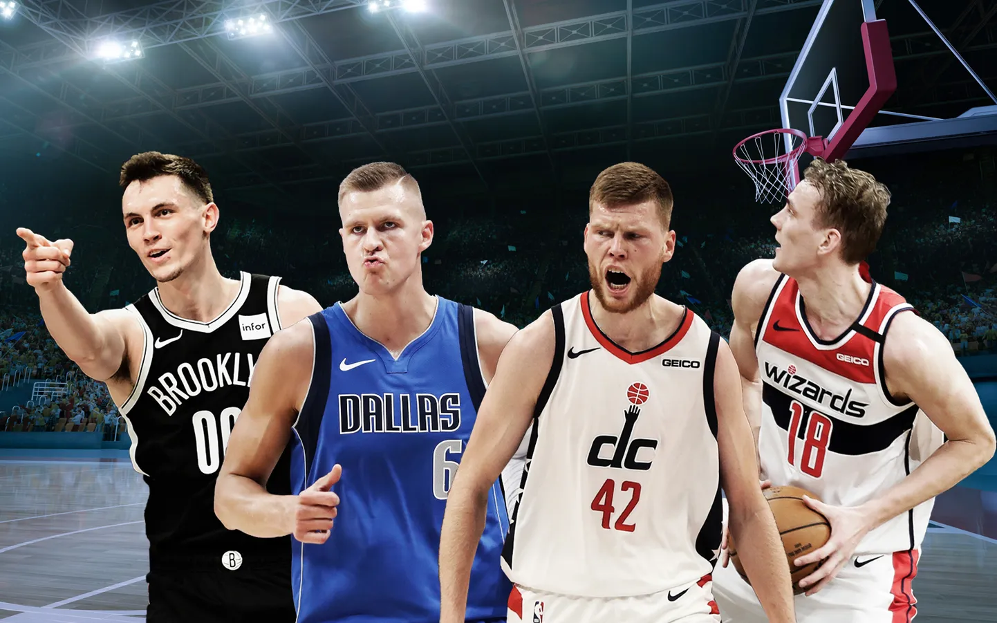 Rodions Kurucs, Kristaps Porziņģis, Dāvis Bertāns un Anžejs Pasečņiks