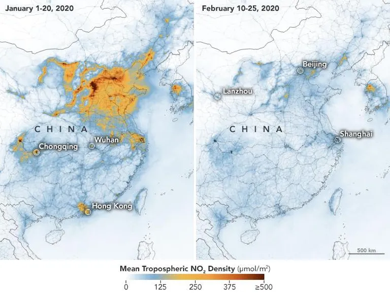 NASA veebruaris avaldatud seireandmetest on näha, kuidas koroonaepideemia Hiina lämmastikoksiidi saastet vähendas. Samamoodi mõjutab majandustegevuse koomale tõmbamine ka kasvuhoonegaaside emissiooni.