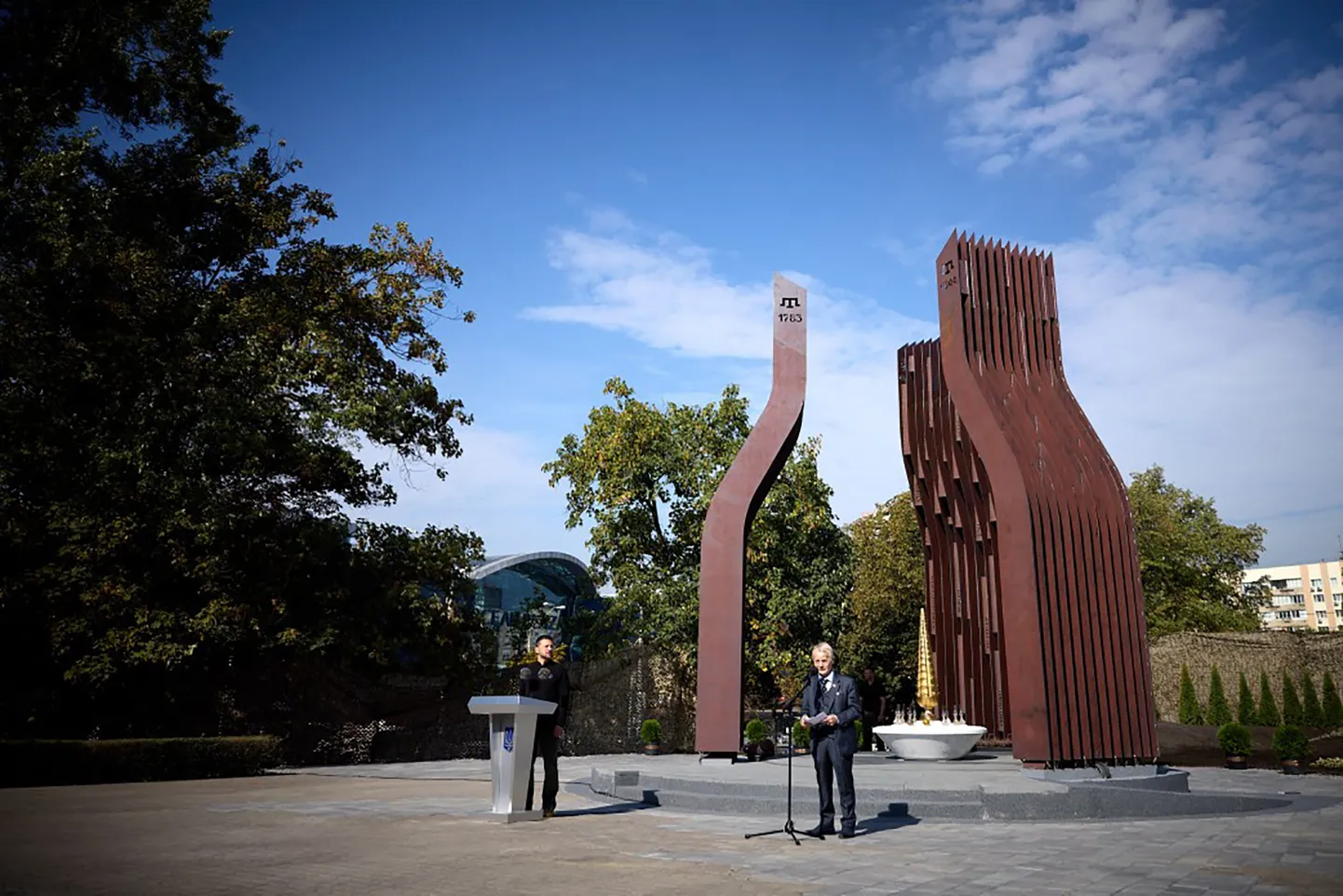 Ukraine's President Volodymyr Zelensky and Crimean Tatar human rights activist Mustafa Dzhemilev attending the unveiling of the Memorial to the victims of deportation carried out by Soviet authorities in 1944, in Kyiv, Ukraine, 11 September 2024.