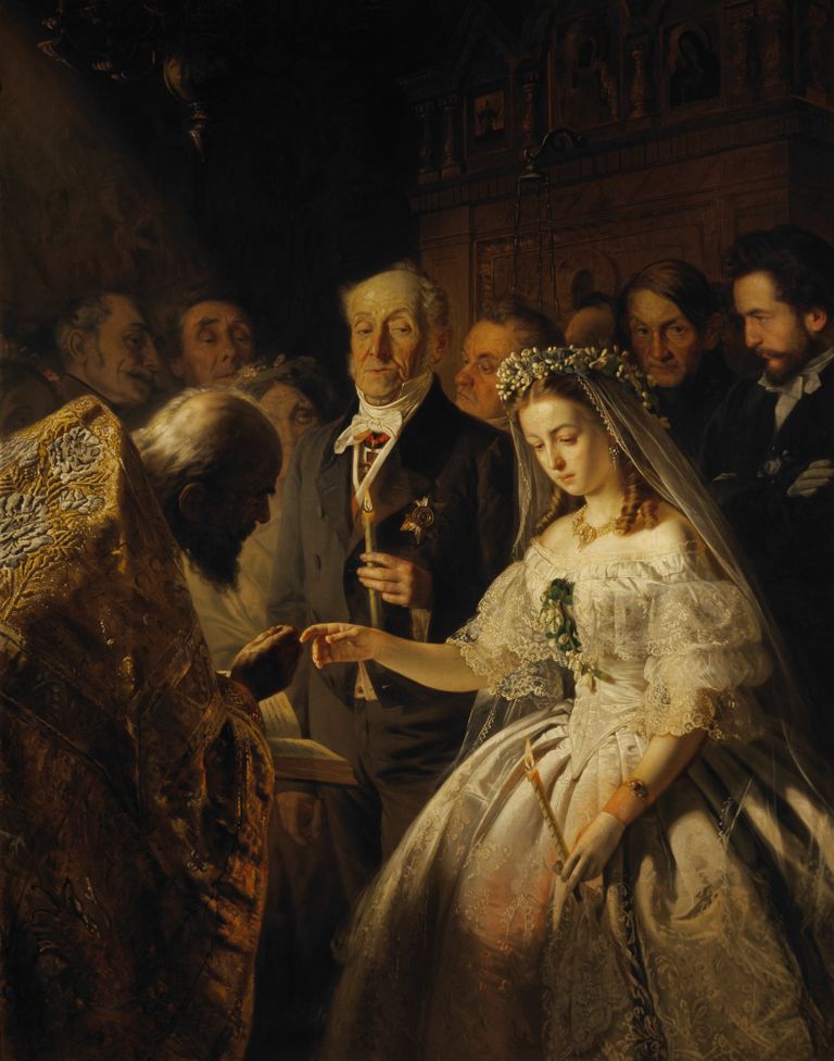 Venekeelses sotsiaalmeedias võrreldakse pulmavideol nähtut kunstnik Vasili Pukirevi 1862. aastal maalitud pildiga, mis kannab nime «Ebavõrdne abielu».                   Foto: