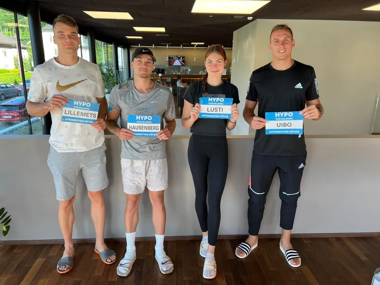 Eesti koondis Götzises: paremalt Risto Lillemets, Hans-Christian Hausenberg, Liisa-Maria Lusti ja Maicel Uibo.