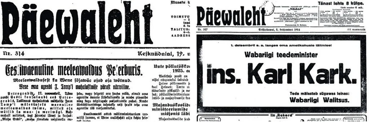 1924. aasta ärevad ajad legeveergudel: 19. novembril annab Päevalehe esikülg teada, et Peterburis on Eesti-vaenulik meeleavaldus. 2. detsembril mälestatakse mässukatses hukkunud teedeministrit Karl Karki.