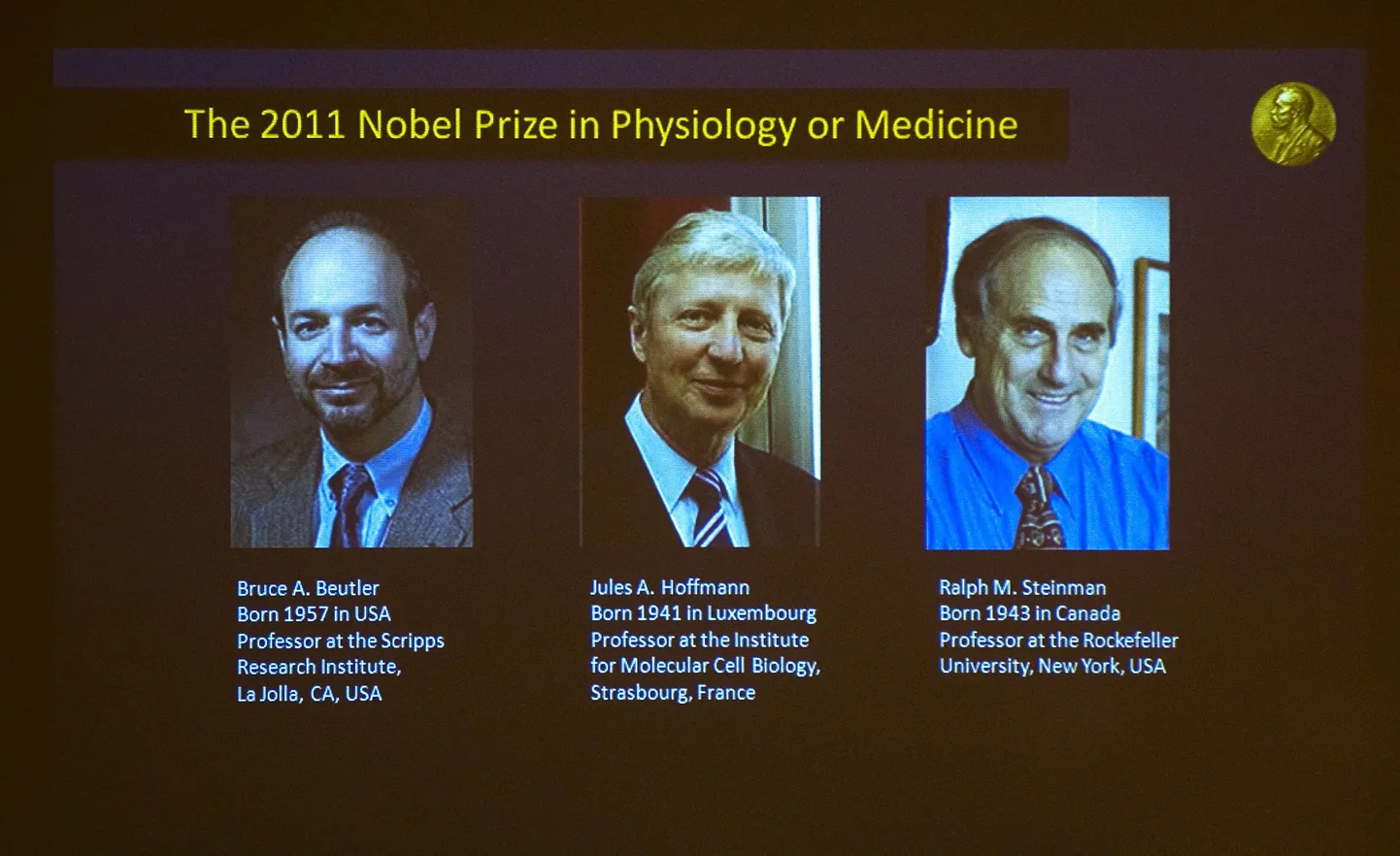 Tänavused meditsiini-Nobeli laureaadid (vasakult): Bruce Beutler, Jules Hoffmann ja Ralph Steinman.