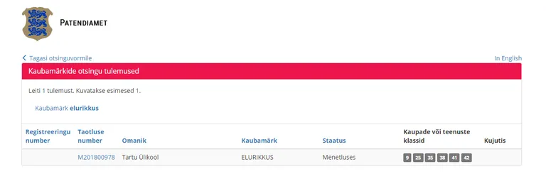 Eelmisel nädala esitas Tartu Ülikoo patendiametile taotluse sõna «elurikkus» kaubamärgistamiseks. Tänase seisuga on taotlus endiselt menetluses.