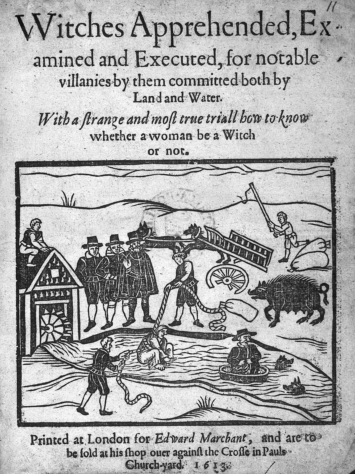Raamatu "Witches apprehended" tiitelleht, mis kujutab nõidade veekatset. 1613