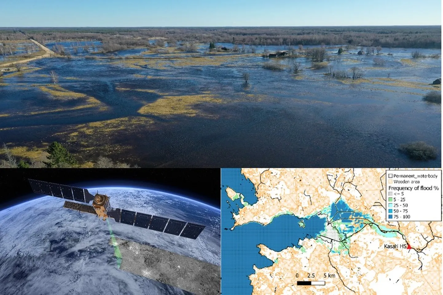 Üleujutus (ülemine paneel), mille ulatuse kaardistamiseks on kasutatud Sentinel-1 satelliidi (all vasakul) poolt kogutud andmeid. Kaugseireteenusega kaardistatud üleujutus Kasari jõe suudmealal (all paremal).