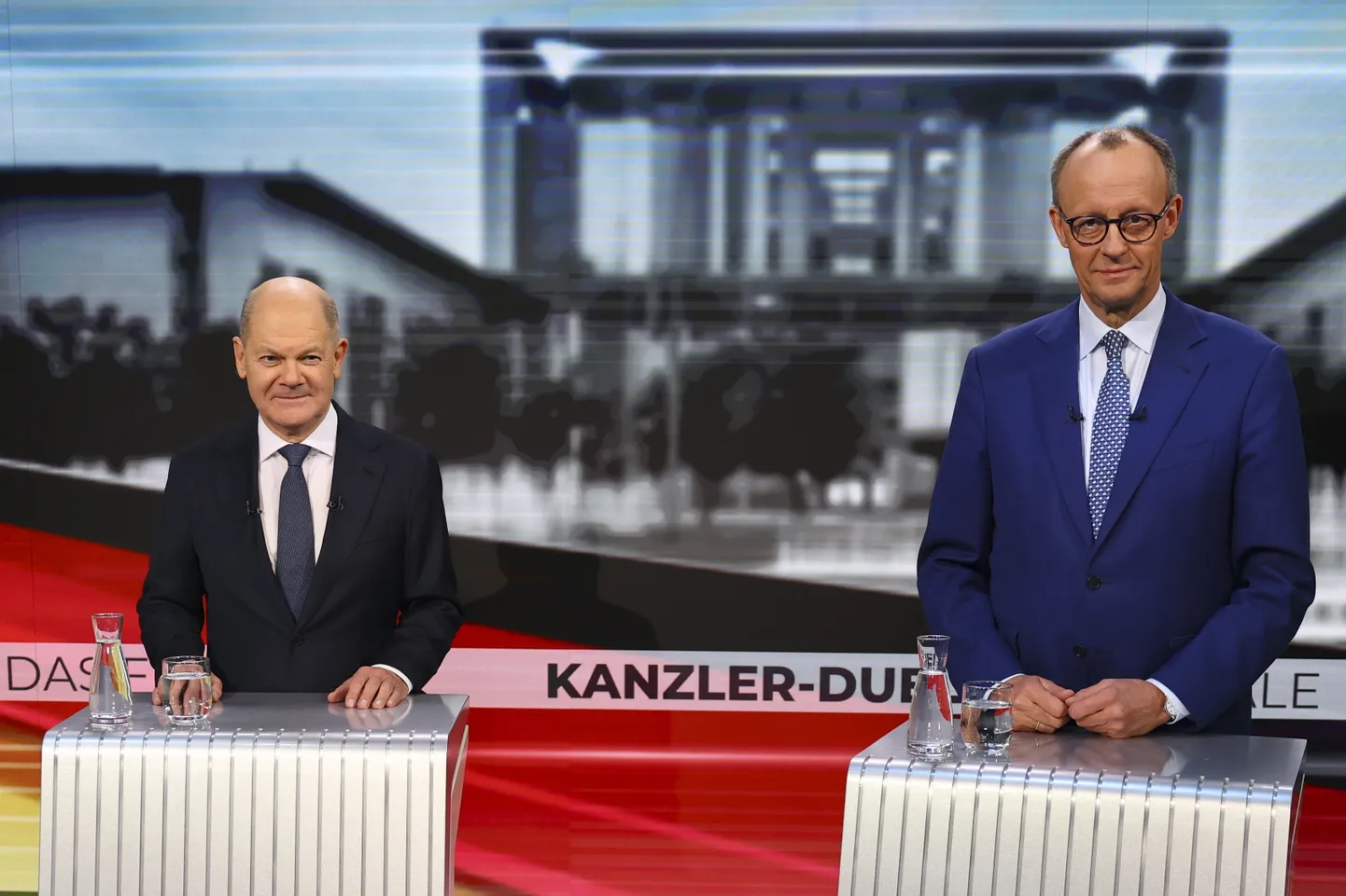 Saksa kantsler Olaf Scholz ja tema valimisvastane Friedrich Merz. 19. veebruar 2025.