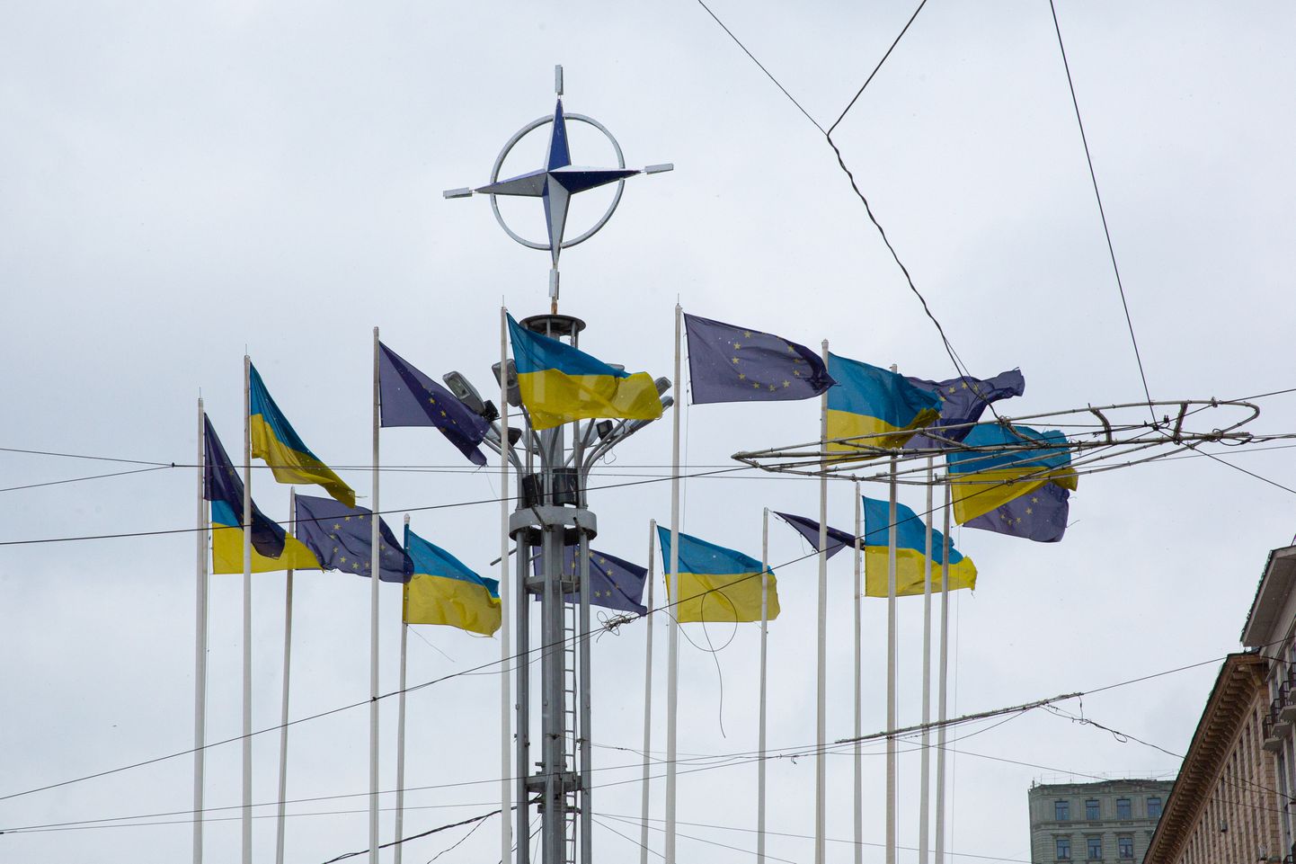 Euroopa Liidu lipud, NATO sümboolika ja Ukraina lipud Kiievis.