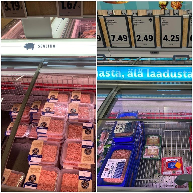 Свиной фарш в таллиннском магазине (слева) и в Хельсинки (справа).
