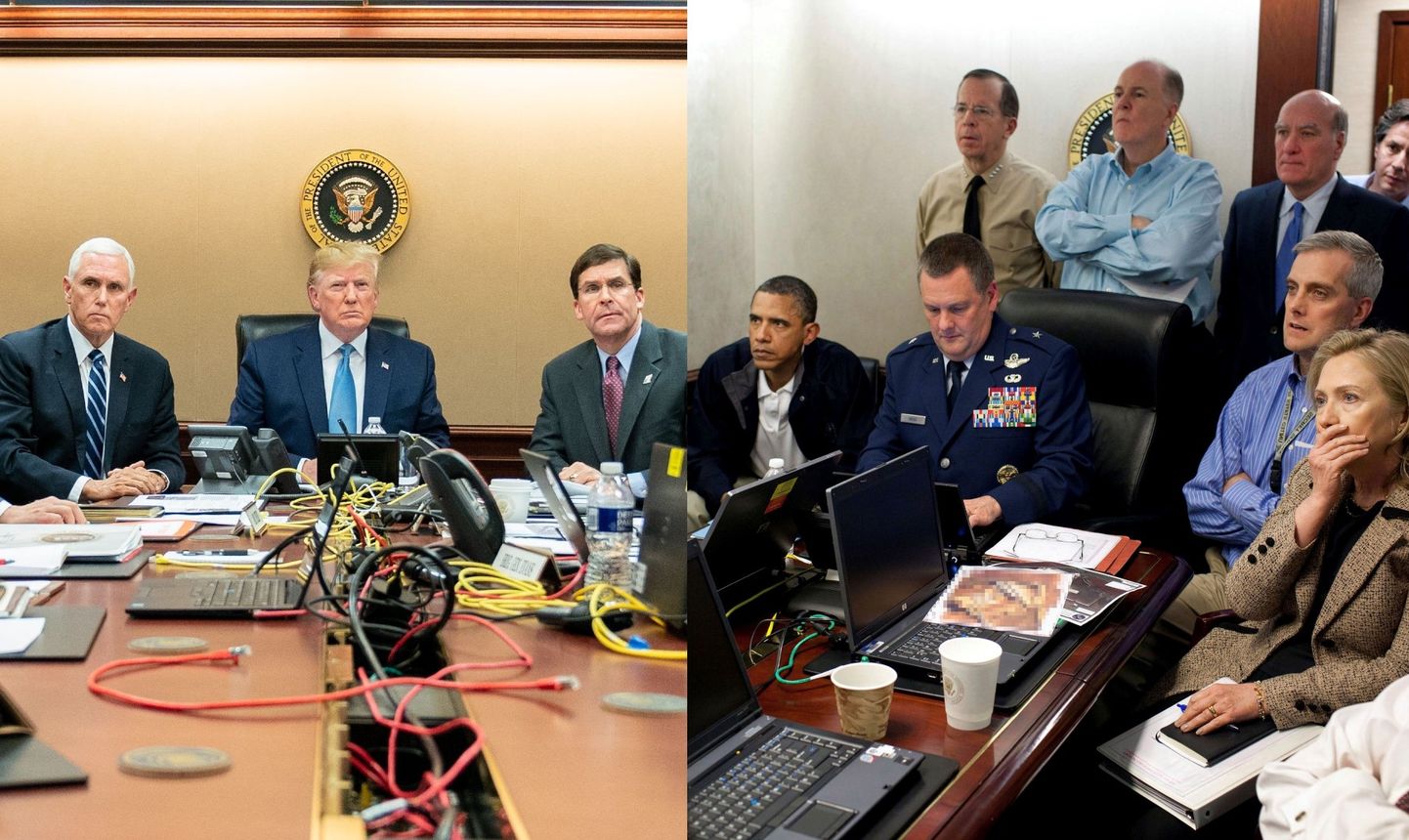 Donald Trump oma meeskonnaga jälgimas Abu Bakr al-Baghdadi tapmist (vasakul) ja Barack Obama oma kaastöötajate keskel jälgimas Osama bin Ladeni tapmist.