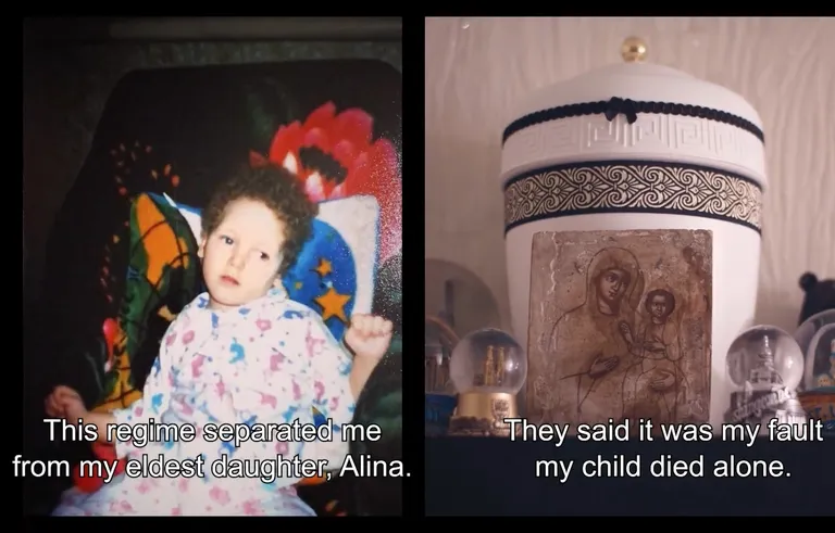 Фотография дочери Анастасии Шевченко и урна с прахом погибшего ребенка. Коллаж из скриншотов трейлера фильма «Anastasia», который был представлен в Таллинне 13 декабря 2022 года.